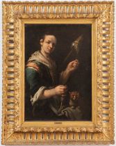 Felice Boselli (Piacenza 1650 - Parma 1732), “Filatrice con gatto”.Olio su tela, entro cornice