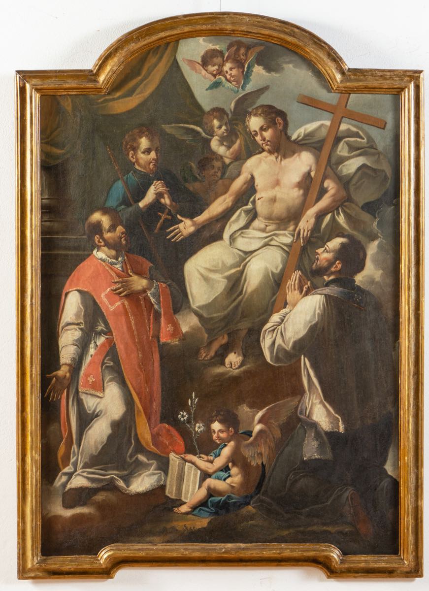 Maestro del XVIII secolo, “Cristo Salvatore con tre santi”. Olio su tela, H cm 79x112