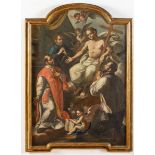 Maestro del XVIII secolo, “Cristo Salvatore con tre santi”. Olio su tela, H cm 79x112