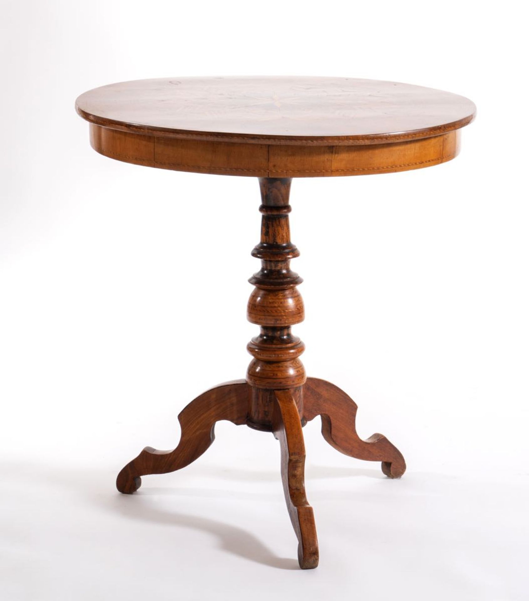 Tavolino da centro, Rolo, fine del XIX secolo. Piano circolare intarsiato in legno di noce, - Bild 2 aus 3
