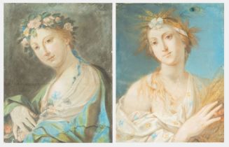 Anonimo francese del XIX secolo, Coppia di opere raffiguranti “Figure femminili”.Pastelli su