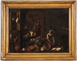 Gian Domenico Valentino (Roma 1630 - Imola 1708), “Interno di cucina con natura morta di