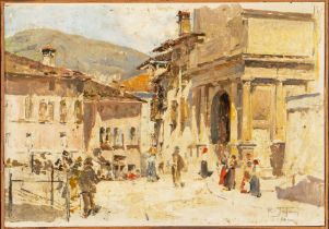 Raffaele Tafuri (Salerno 1857 - Venezia 1929), “Feltre”. Olio su cartone, firmato e titolato in