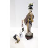 A 20th century cloisonne figure of a woman wearing a headdress and a further head (no body)