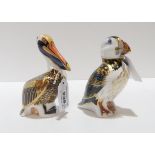 Two Royal Crown Derby paperweights including a Puffin and Pelican, both with gold stoppers no