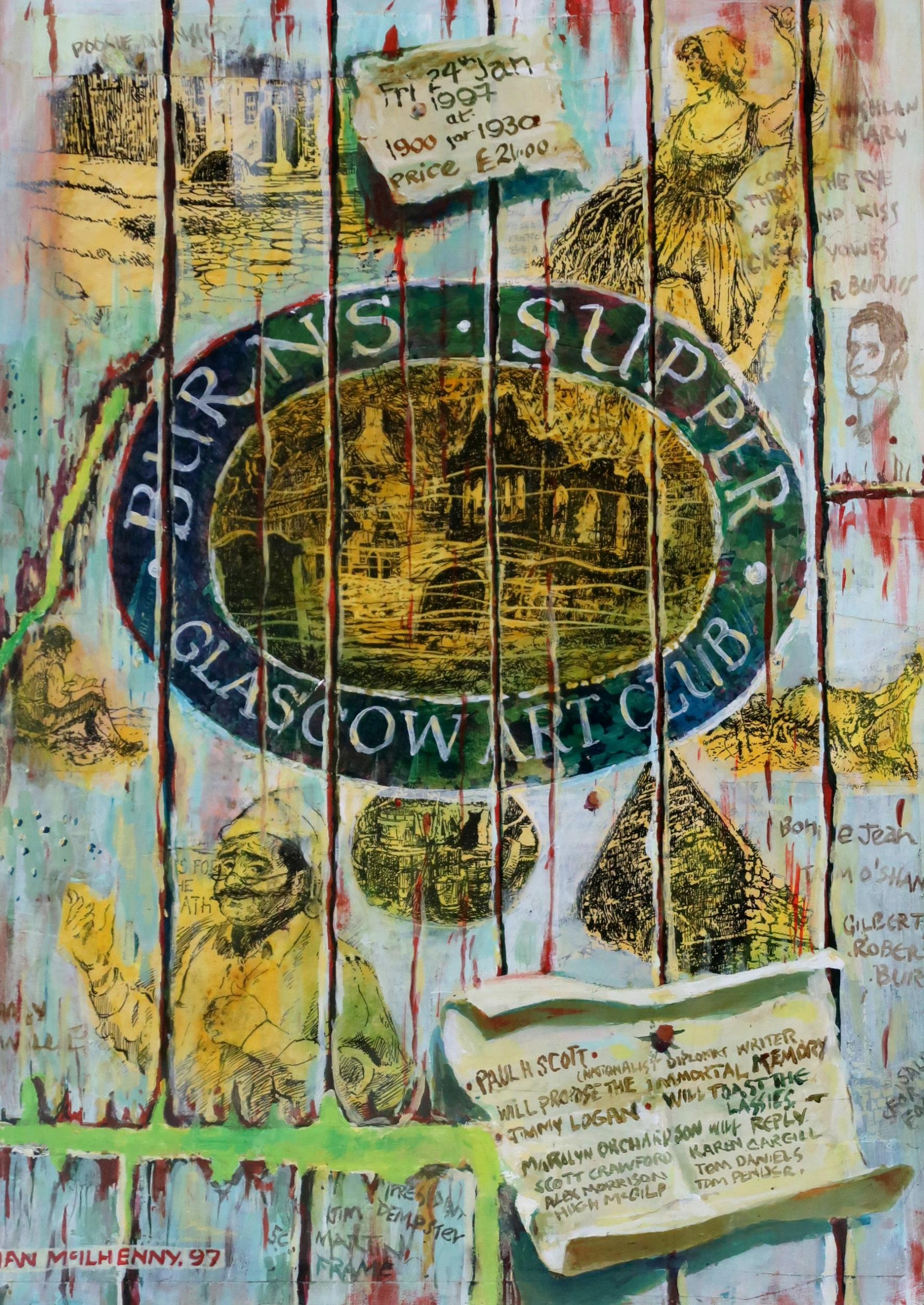 •IAN MCILHENNY (SCOTTISH CONTEMPORARY) BURNS SUPPER GLASGOW ART CLUB Mixed media on board, signed