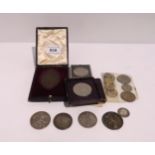 A lot comprising a cased bronze Scottish Sabbath School medallion, four various Victorian silver