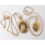 A 9ct amethyst set locket and chain, together with a 9ct vintage double sided locket and chain