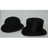 A top hat by R. W. Forsyth, 19 x 15cm and a bowler hat by Moores & Sons, 20 x 16cm Condition report: