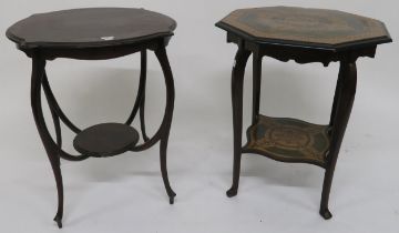An early 20th century octagonal two tier occasional table with painted top and another mahogany