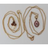 A 9ct gold ruby and diamond pendant and chain, together with a 9ct garnet and pearl pendant and