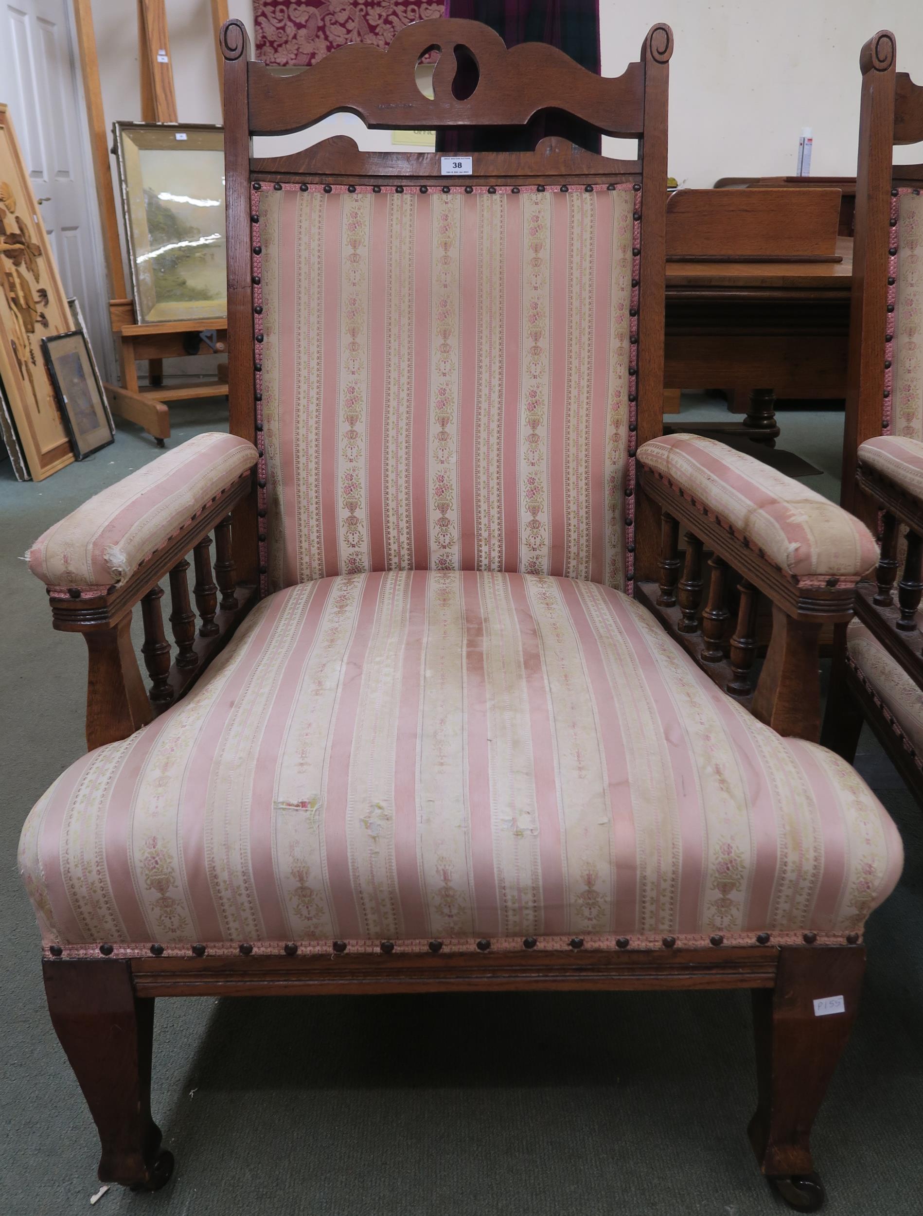 A pair of Victorian oak arts and crafts upholstered armchairs 108cm high Condition report: Available - Image 2 of 5