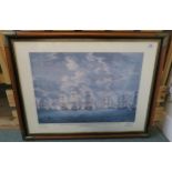 A framed modern print of a naval battle and a framed print of docked boats (2) Condition report: