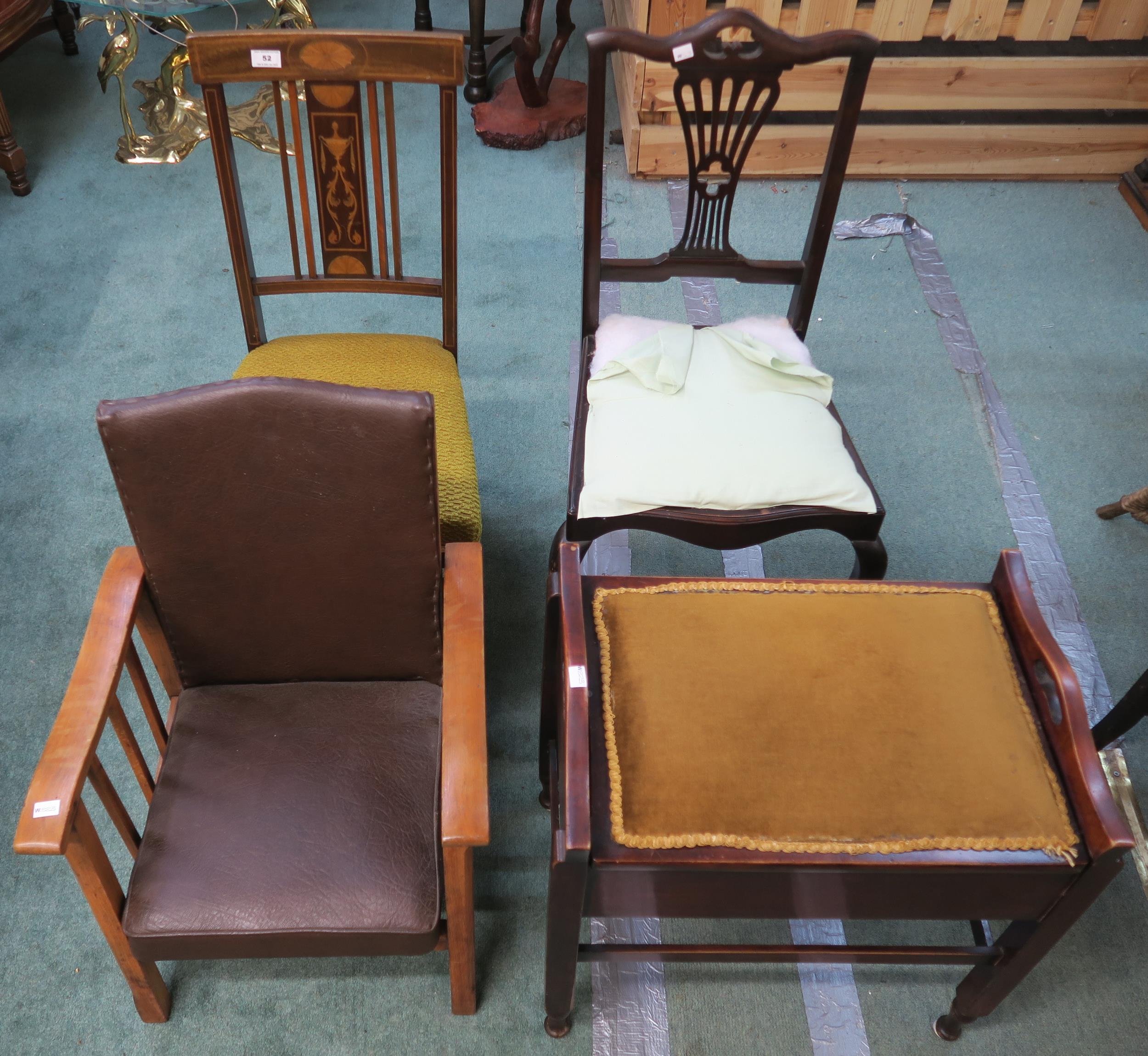 An Edwardian mahogany parlour chair,another mahogany chair, a child's reclining chair and a piano