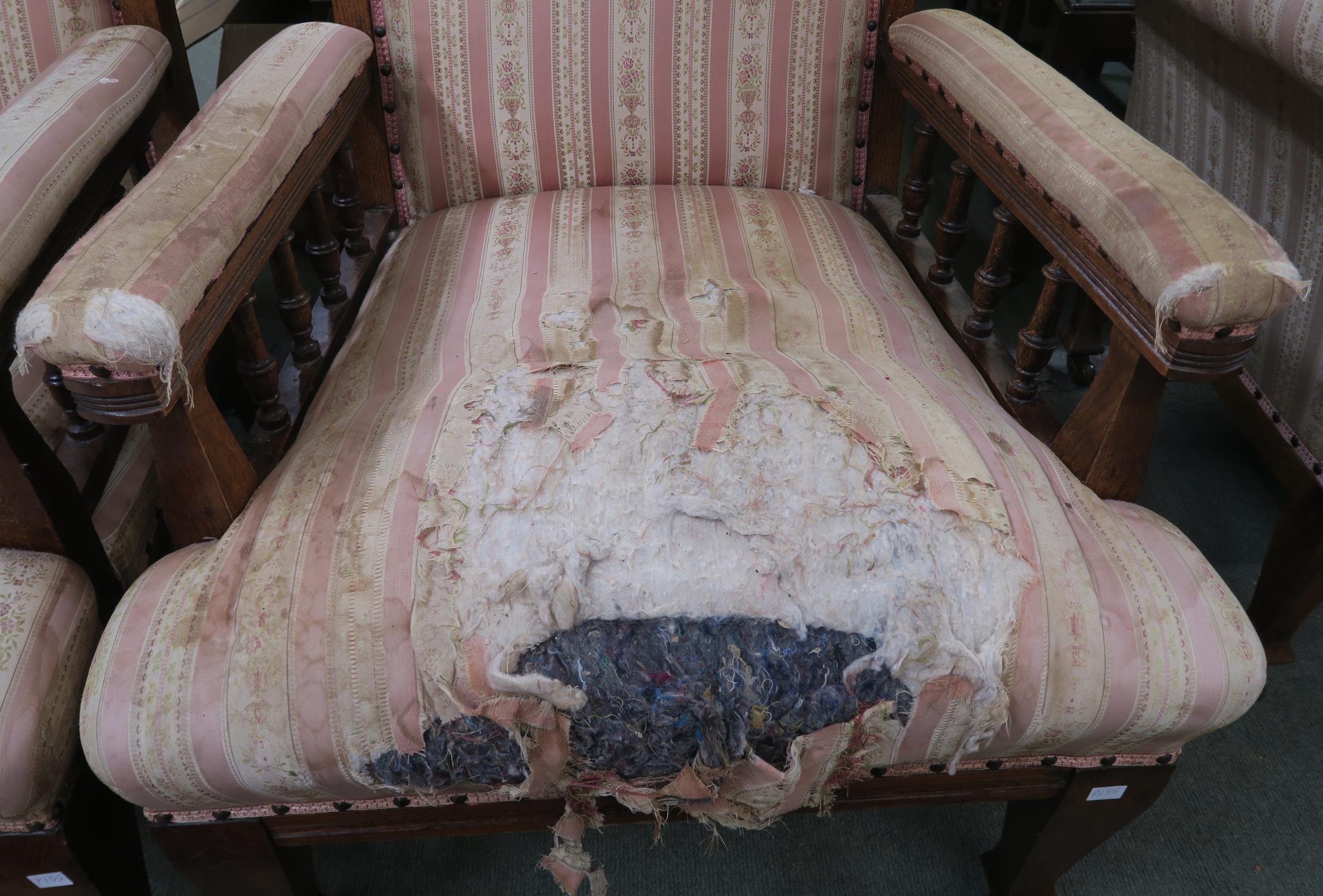 A pair of Victorian oak arts and crafts upholstered armchairs 108cm high Condition report: Available - Image 5 of 5