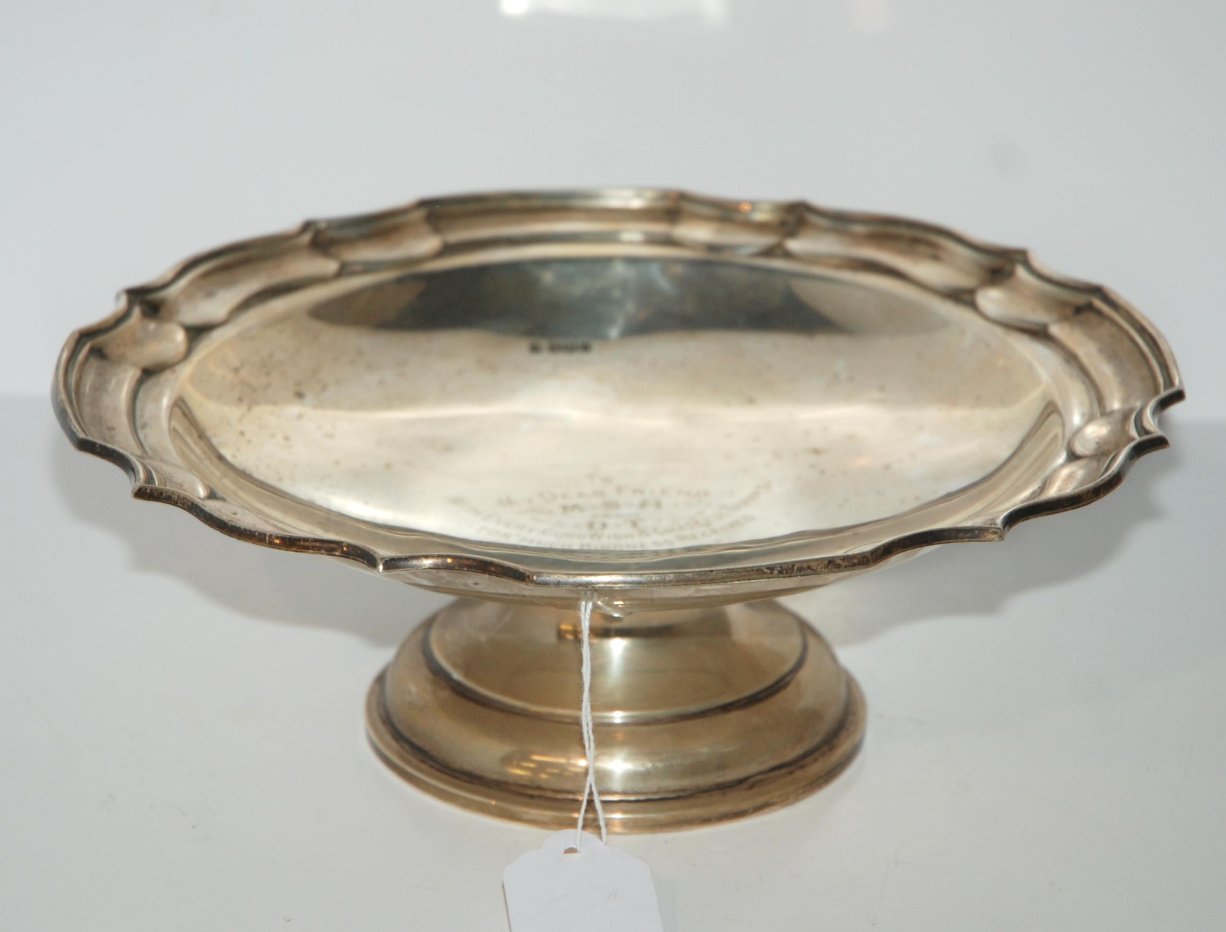 A silver pedestal bowl, Sheffield 1919 inscribed " To my dear friend MSH from DT with every good