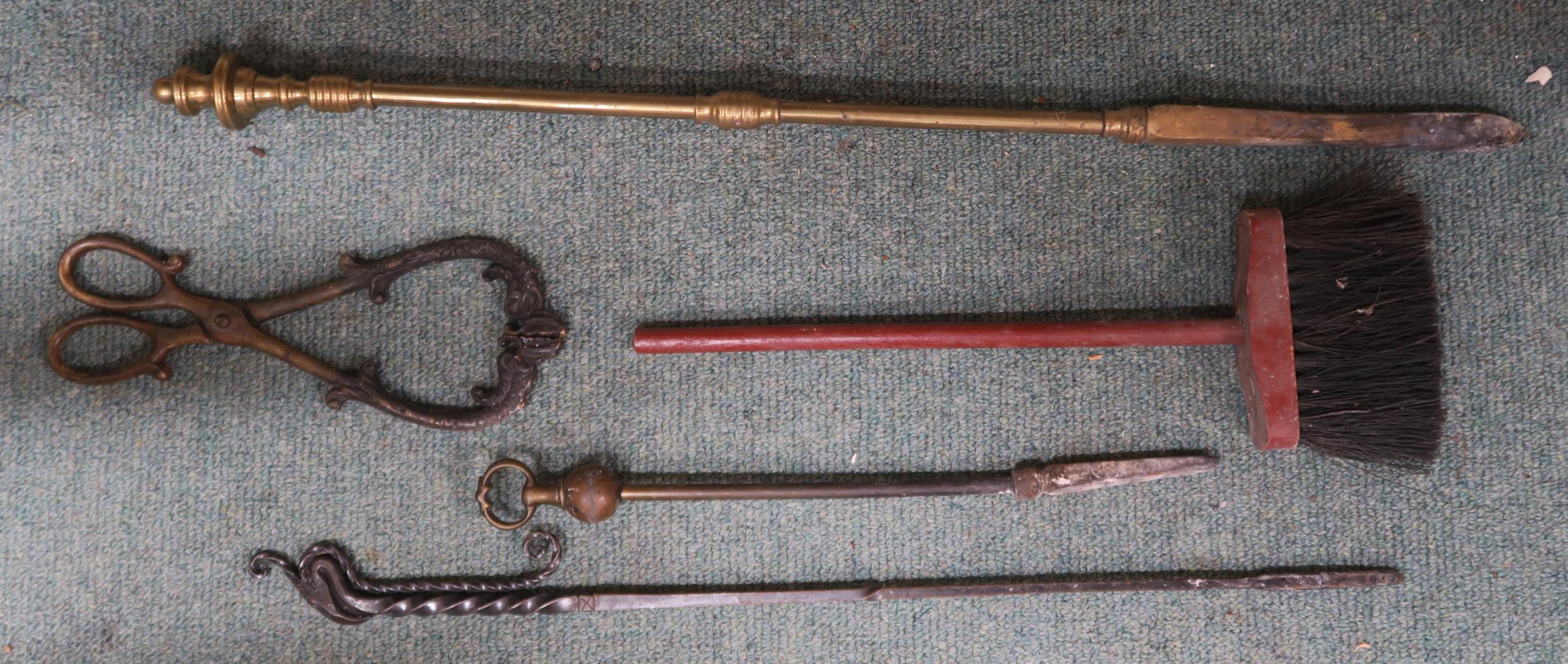 A hammered copper arts and crafts coal bib, assorted fire tools, stoneware jug and a stoneware urn - Image 2 of 2