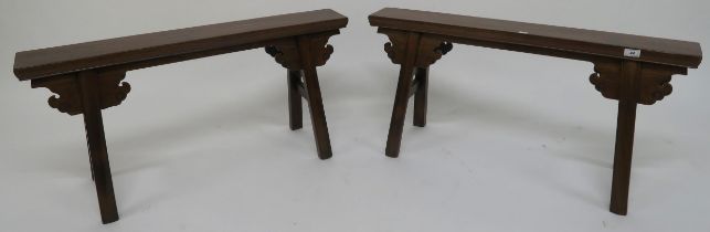A pair of 20th century Chinese hardwood low altar tables 48cm high x 98cm wide x 30cm deep Condition