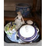 A lot comprising Wedgwood blue and gilt decorated tureens, a famille rose plate, a blue and white