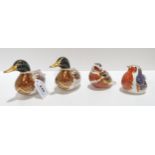 Four Royal Crown Derby bird paperweights including two Mallards, both with silver stoppers, a