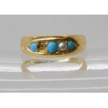 An 18ct gold turquoise and pearl ring, hallmarked 1888, London, size P, weight 4.7gms Condition