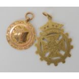 A 9ct gold school medal together with a yellow metal bowling medal weight combined 15.2gms Condition