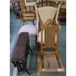 A 20th century beech folding chair with rattan seat, high back upholstered wicker armchair, mahogany