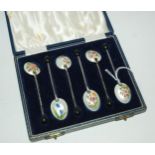 A cased set of six silver & floral enamel coffee bean spoons Birmingham 1960 Condition report: