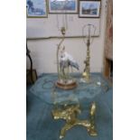 A 20th century oriental style brass bird based glass top lamp table,an oriental circular brass top