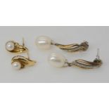 A pair of 14k yellow and white gold pearl and diamond drop earrings length 3.1cms, weight 4.4gms,