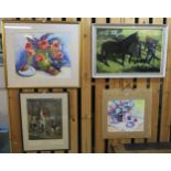 A lot comprising a framed hunting print,a framed print of flowers, an oil on board of a horse signed