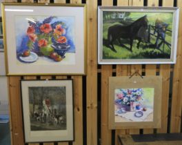 A lot comprising a framed hunting print,a framed print of flowers, an oil on board of a horse signed