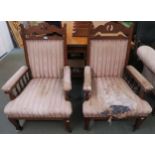 A pair of Victorian oak arts and crafts upholstered armchairs 108cm high Condition report: Available