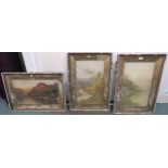 A lot comprising three framed Alfred De Breanski prints, another framed print and a carved wood wall