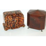 A tortoiseshell tea caddy, 16cm wide, lid dethatched, chipped and section missing and another tea