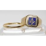 A 9ct gold Masonic swivel signet ring with monogram and enamel, finger size U1/2, together with a
