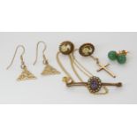 A collection of 9ct knotwork earrings, cross and chain, cameo earrings and a yellow metal amethyst