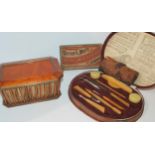 A small Viennese sewing box with G. Edlauer stamp on the base, cased manicure set etc Condition