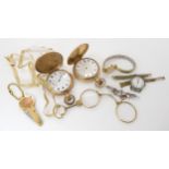 Two gold plated pocket watches, one (af) a pair of lorgnettes, a Ypres brooch and other items A