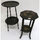 A Victorian ebonised two tier occasional table with turned supports and another inlaid octagonal