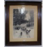 A large framed print of sheep in snow signed J. Farquharson, 115cm high x 94cm wide Condition