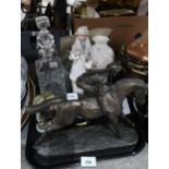 A lot comprising a resin figure of a jockey and horse, glass decanters, a Wedgwood Meadow Sweet