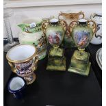 A lot comprising a Spode 967 imari pattern spill vase (restored), a pair of Royal Vienna vase