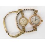 Two 9ct gold cased ladies watches, both straps gold plated, weight combined with straps and