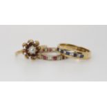 A 9ct gold red and clear gem set full eternity ring, size N1/2, a 9ct sapphire and diamond half