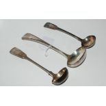 A lot comprising two silver sauce ladles, Dublin 1880 and Glasgow 1834 with an EP sauce ladle