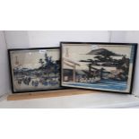 *WITHDRAWN* Two framed Japanese woodblock prints, one depicting a market scene, the other depicting