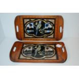 A pair of Brazilian inlaid tea trays, decorated with butterfly wings, inlaid with checkered