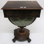 A Victorian rosewood sewing work table with single drawer above pull out wool drawer on quatrefoil