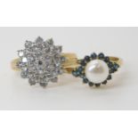 Two QVC jewellery channel rings, an aquamarine cluster ring size W1/2, and a blue gem and pearl ring